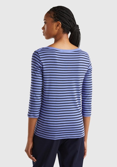  Kadın Mavi %100 Pamuk Sol Altı Logolu Uzun Kollu Kayık Yaka T-Shirt