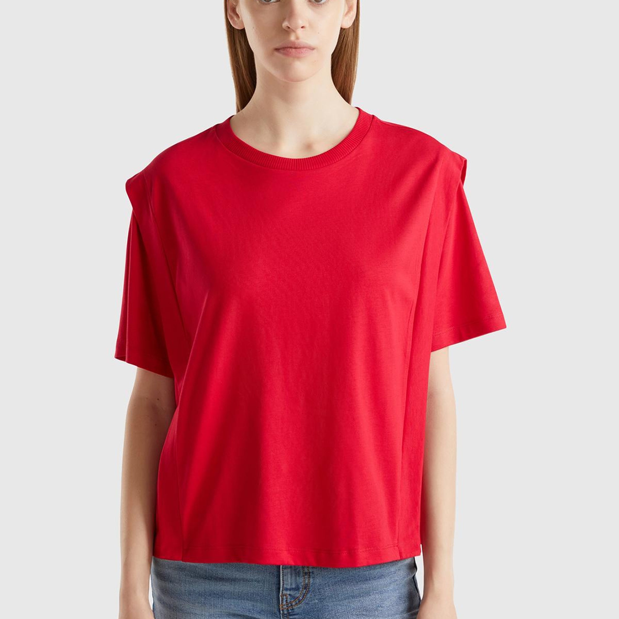 Kadın Kırmızı %100 Pamuk Yarım Kollu Yuvarlak Yaka Düz T-Shirt