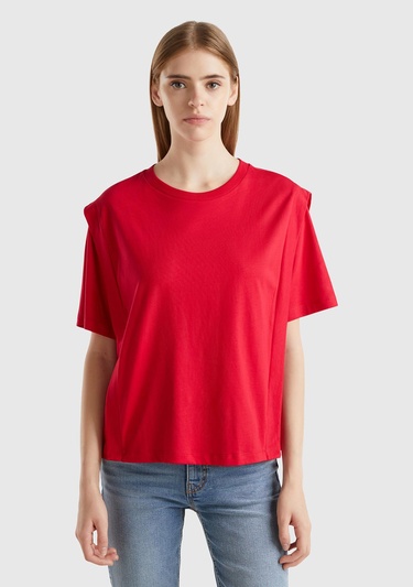  Kadın Kırmızı %100 Pamuk Yarım Kollu Yuvarlak Yaka Düz T-Shirt