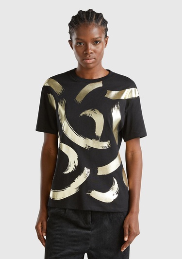  Kadın Siyah %100 Pamuk Önü Baskılı Düşük Omuz Bisiklet Yaka T-Shirt