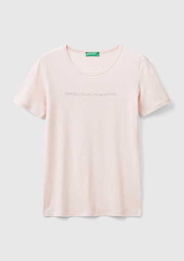  Kadın Toz Pembe %100 Koton Benetton Yazılı Basic T-Shirt