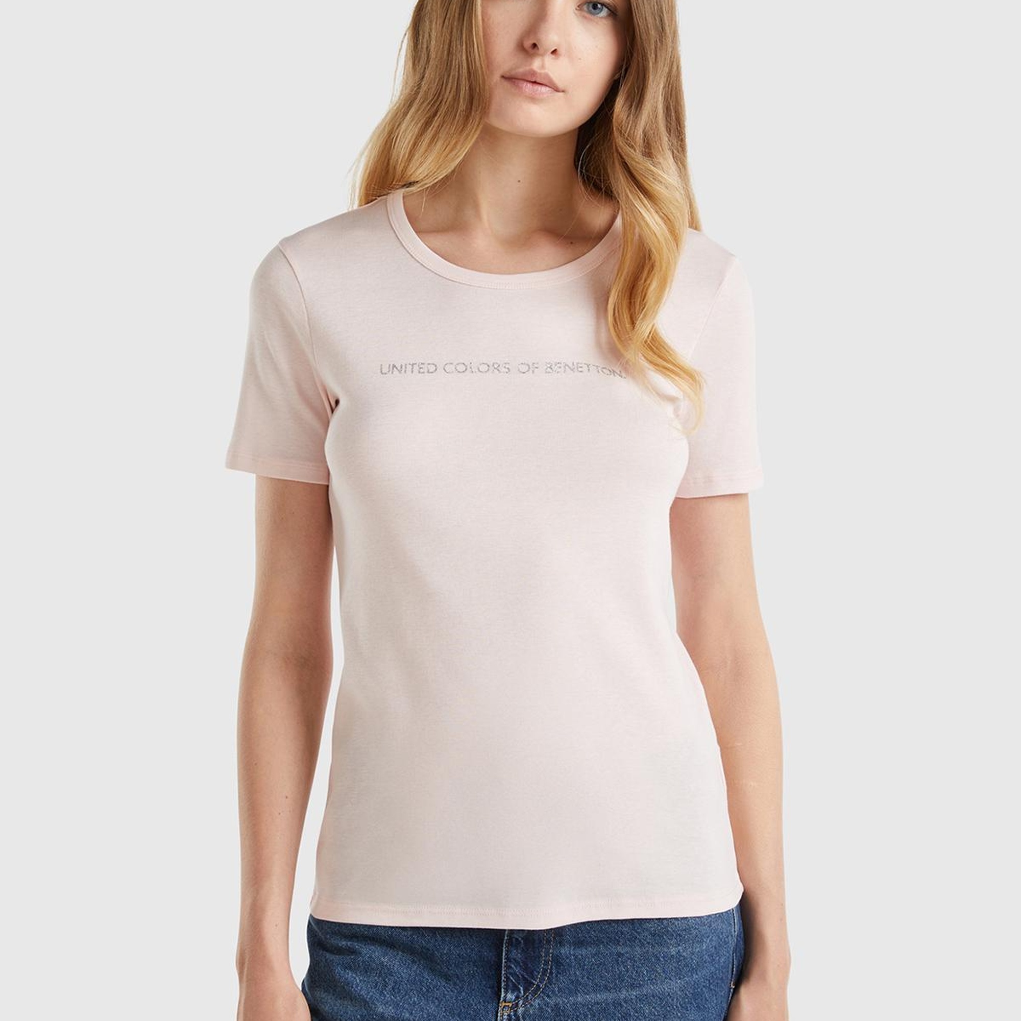 Kadın Toz Pembe %100 Koton Benetton Yazılı Basic T-Shirt