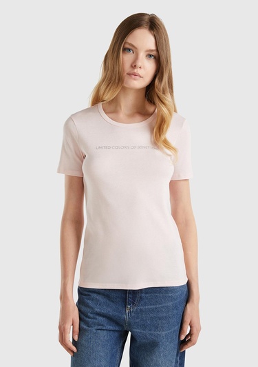  Kadın Toz Pembe %100 Koton Benetton Yazılı Basic T-Shirt