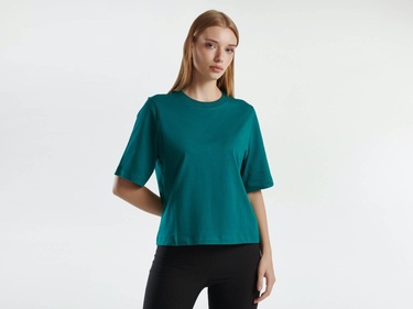  Kadın Koyu Yeşil %100 Koton Boxy Fit T-Shirt