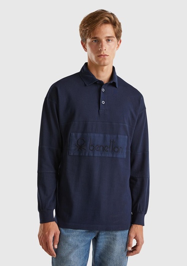  Erkek Lacivert %100 Pamuk Önü Logo Detaylı Düğmeli Polo Yaka T-Shirt