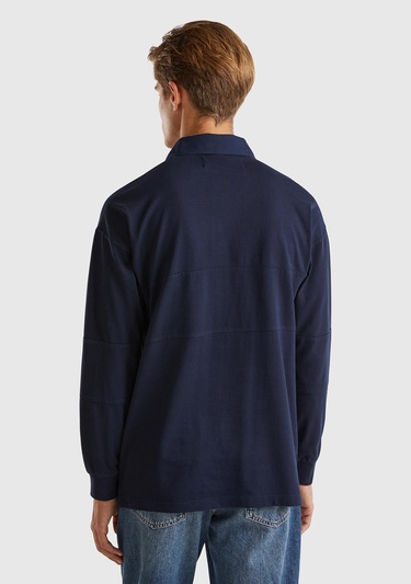  Erkek Lacivert %100 Pamuk Önü Logo Detaylı Düğmeli Polo Yaka T-Shirt