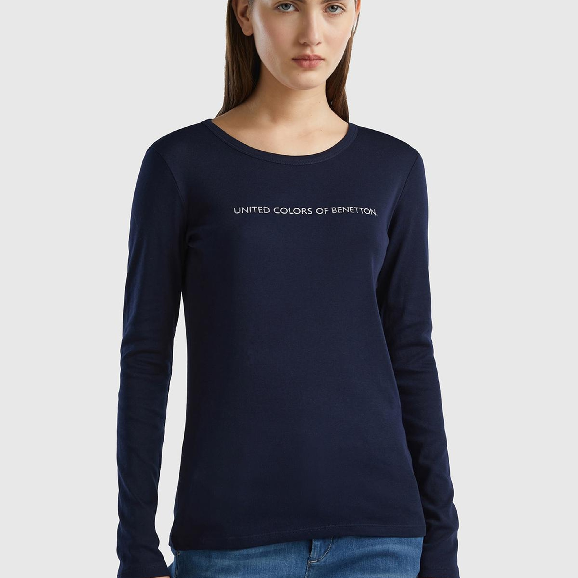 Kadın Lacivert %100 Koton Bisiklet Yaka Benetton Yazılı Uzun Kollu T-Shirt