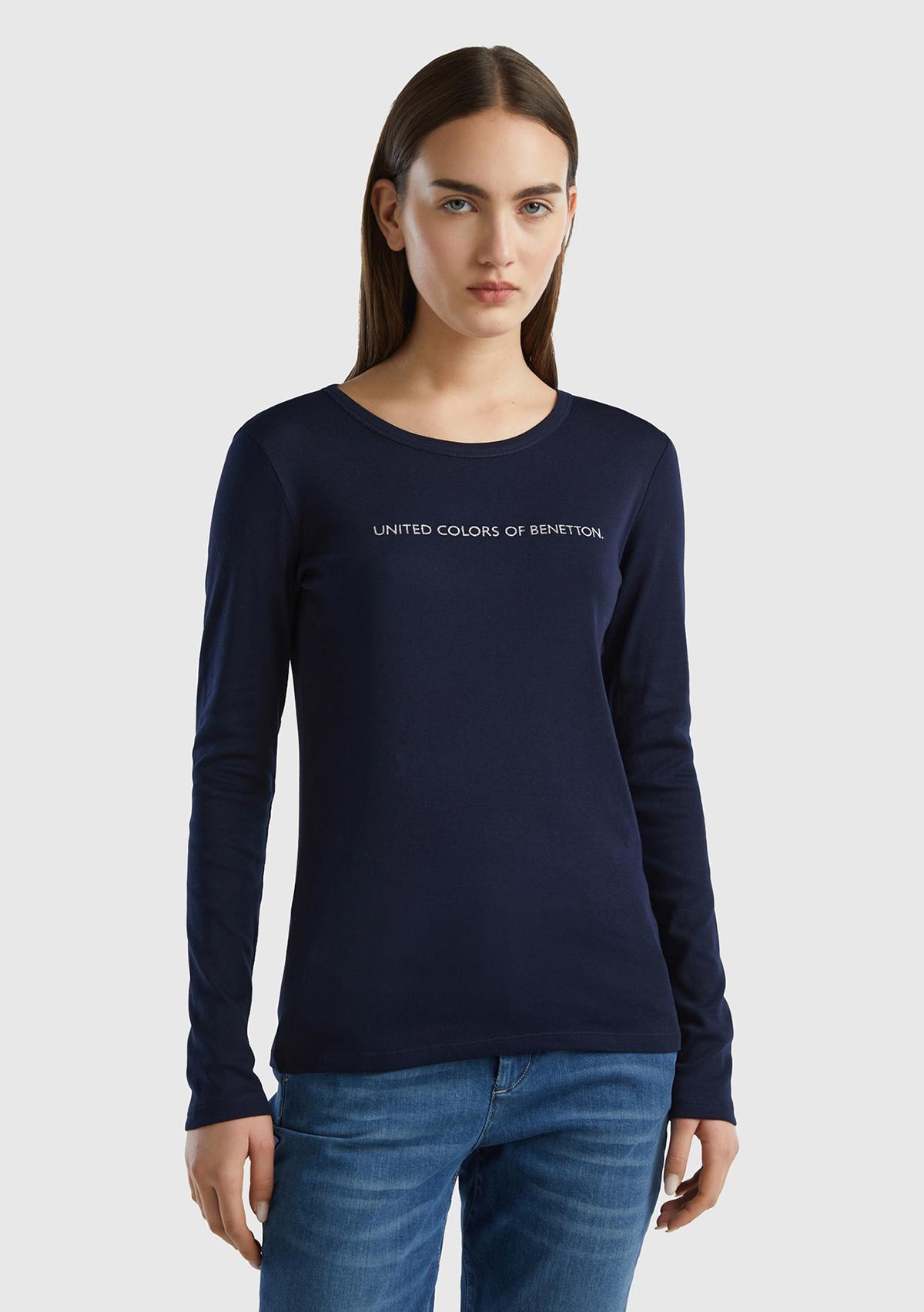  Kadın Lacivert %100 Koton Bisiklet Yaka Benetton Yazılı Uzun Kollu T-Shirt