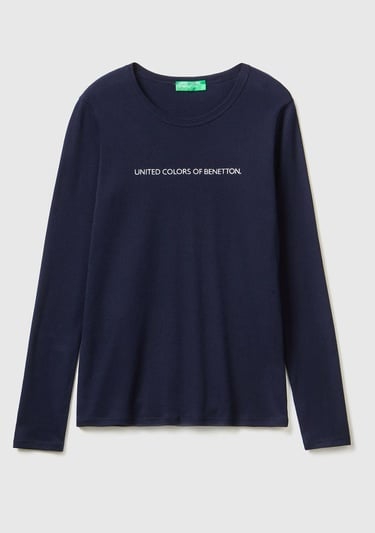  Kadın Lacivert %100 Koton Bisiklet Yaka Benetton Yazılı Uzun Kollu T-Shirt