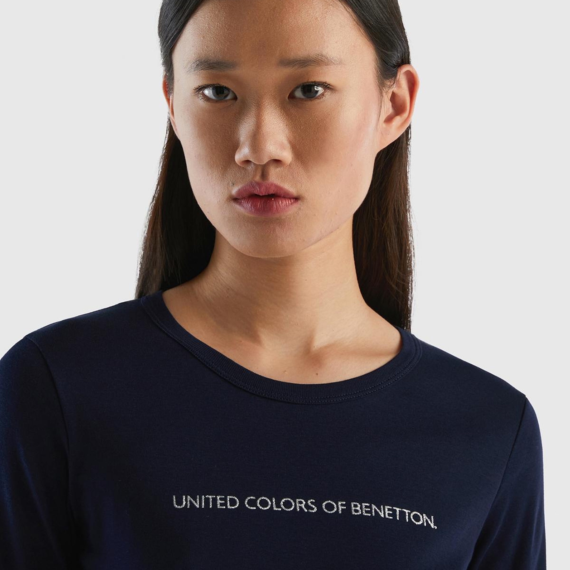 Kadın Lacivert %100 Koton Bisiklet Yaka Benetton Yazılı Uzun Kollu T-Shirt