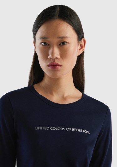  Kadın Lacivert %100 Koton Bisiklet Yaka Benetton Yazılı Uzun Kollu T-Shirt
