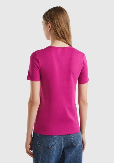  Kadın Fuşya %100 Koton Basic Kısa Kollu Bisiklet Yaka T-Shirt