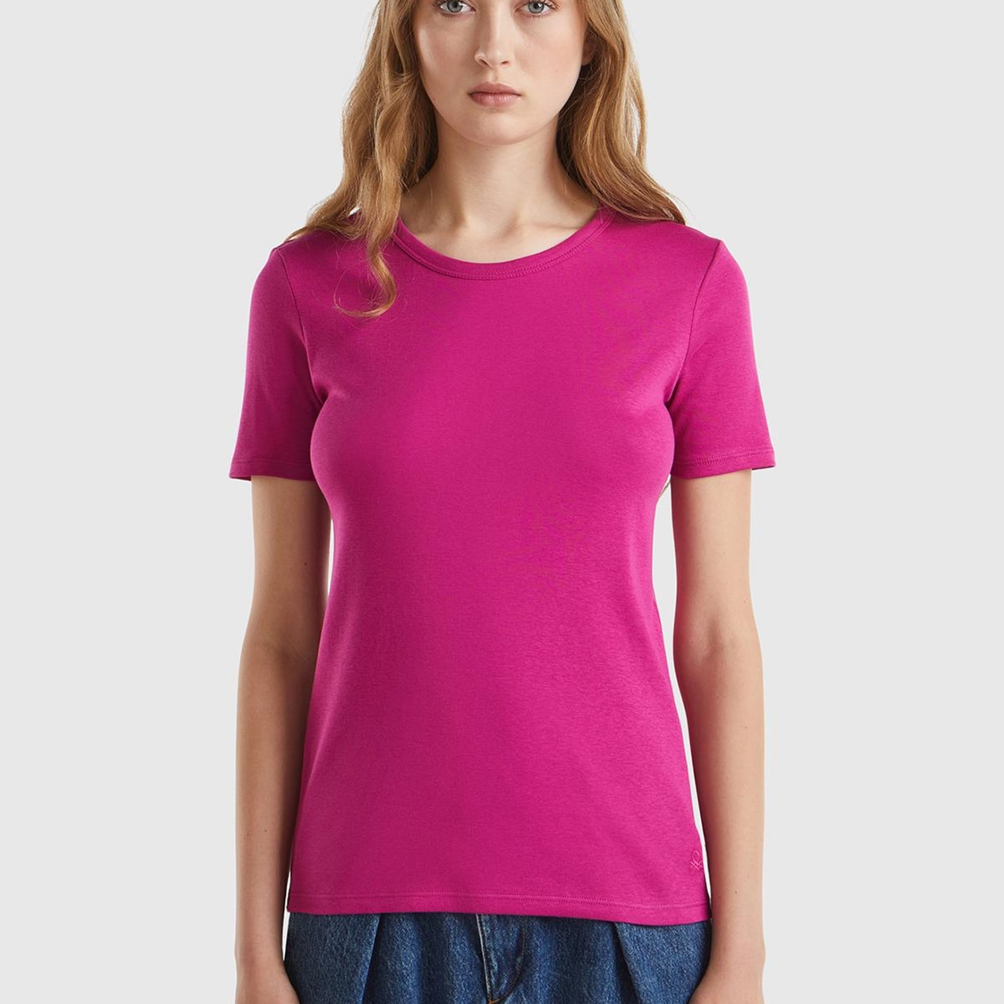 Kadın Fuşya %100 Koton Basic Kısa Kollu Bisiklet Yaka T-Shirt