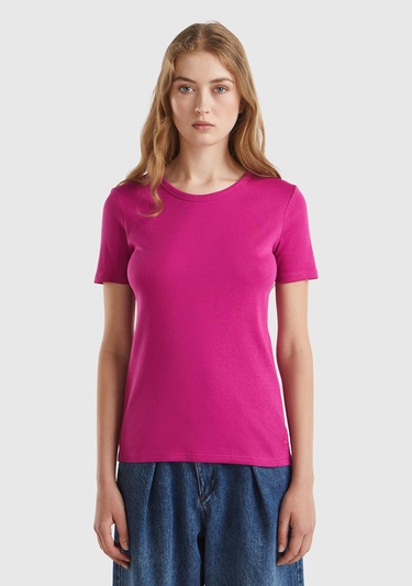  Kadın Fuşya %100 Koton Basic Kısa Kollu Bisiklet Yaka T-Shirt