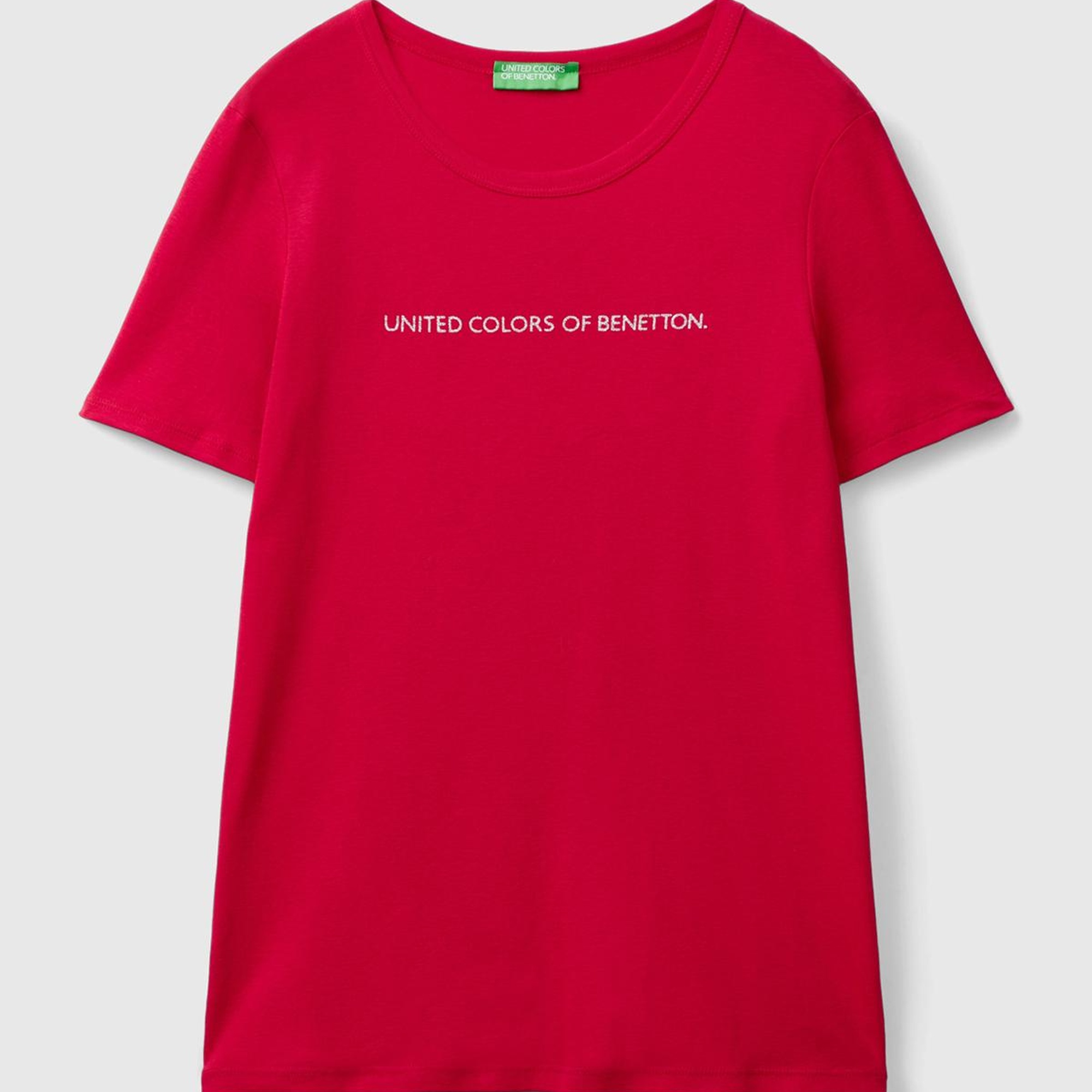 Kadın Kırmızı %100 Koton Benetton Yazılı Basic T-Shirt
