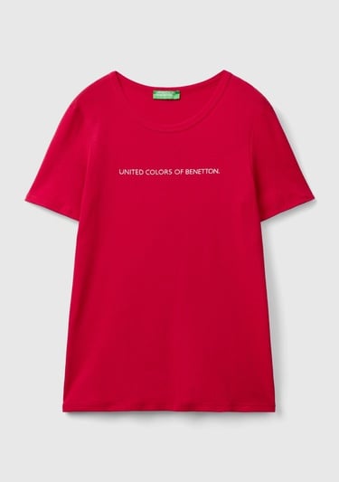  Kadın Kırmızı %100 Koton Benetton Yazılı Basic T-Shirt