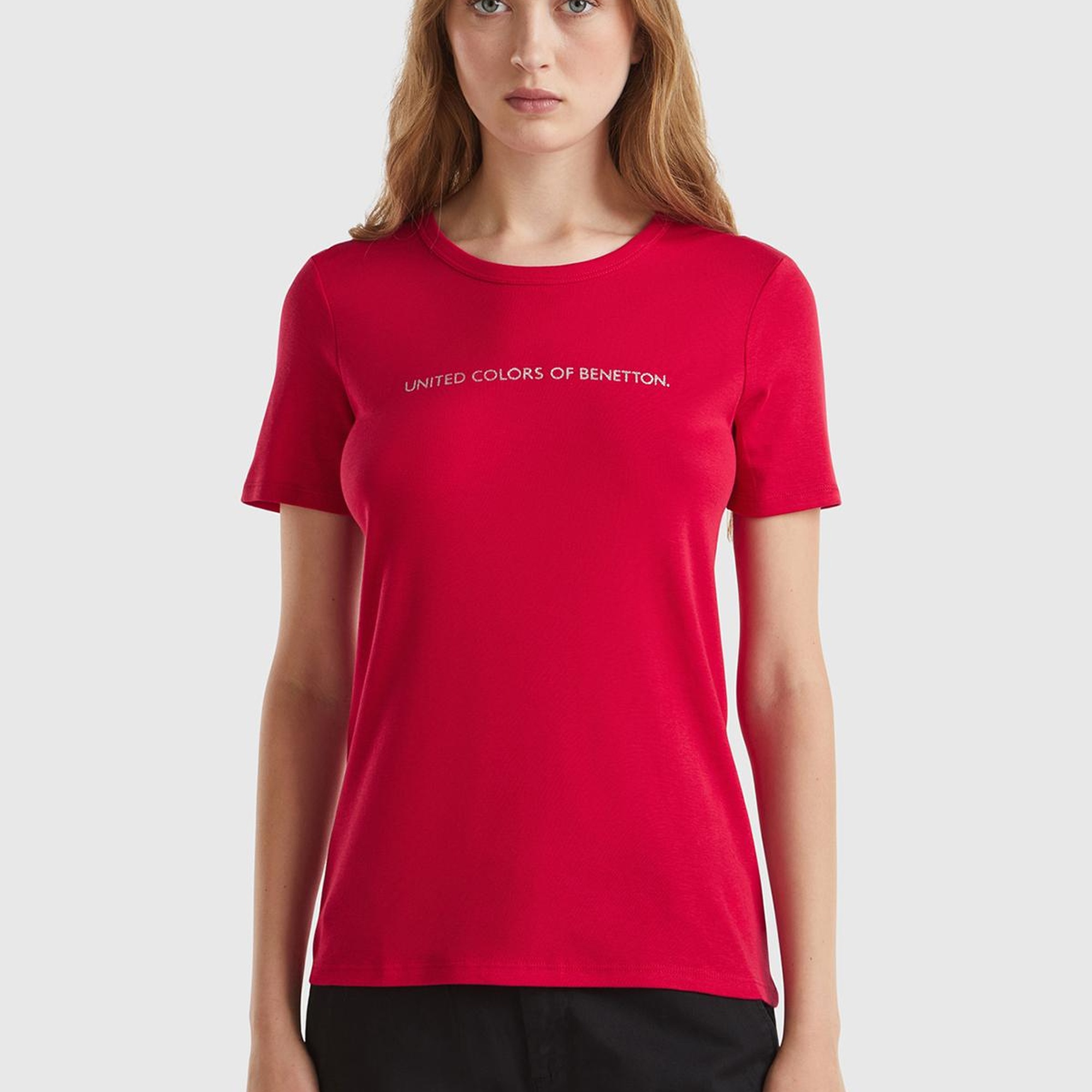 Kadın Kırmızı %100 Koton Benetton Yazılı Basic T-Shirt