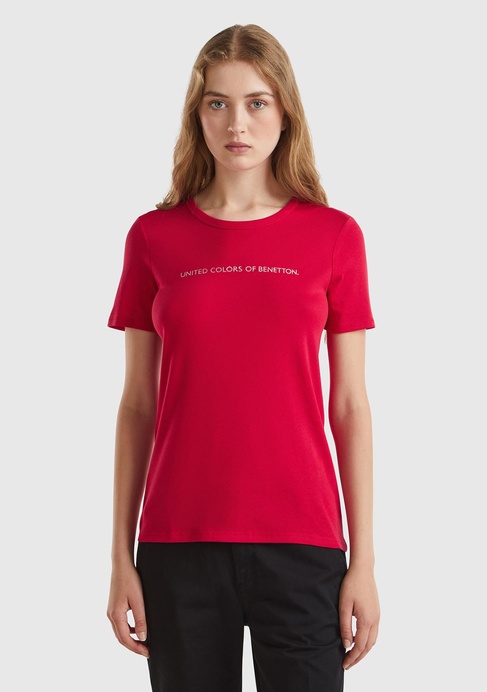  Kadın Kırmızı %100 Koton Benetton Yazılı Basic T-Shirt