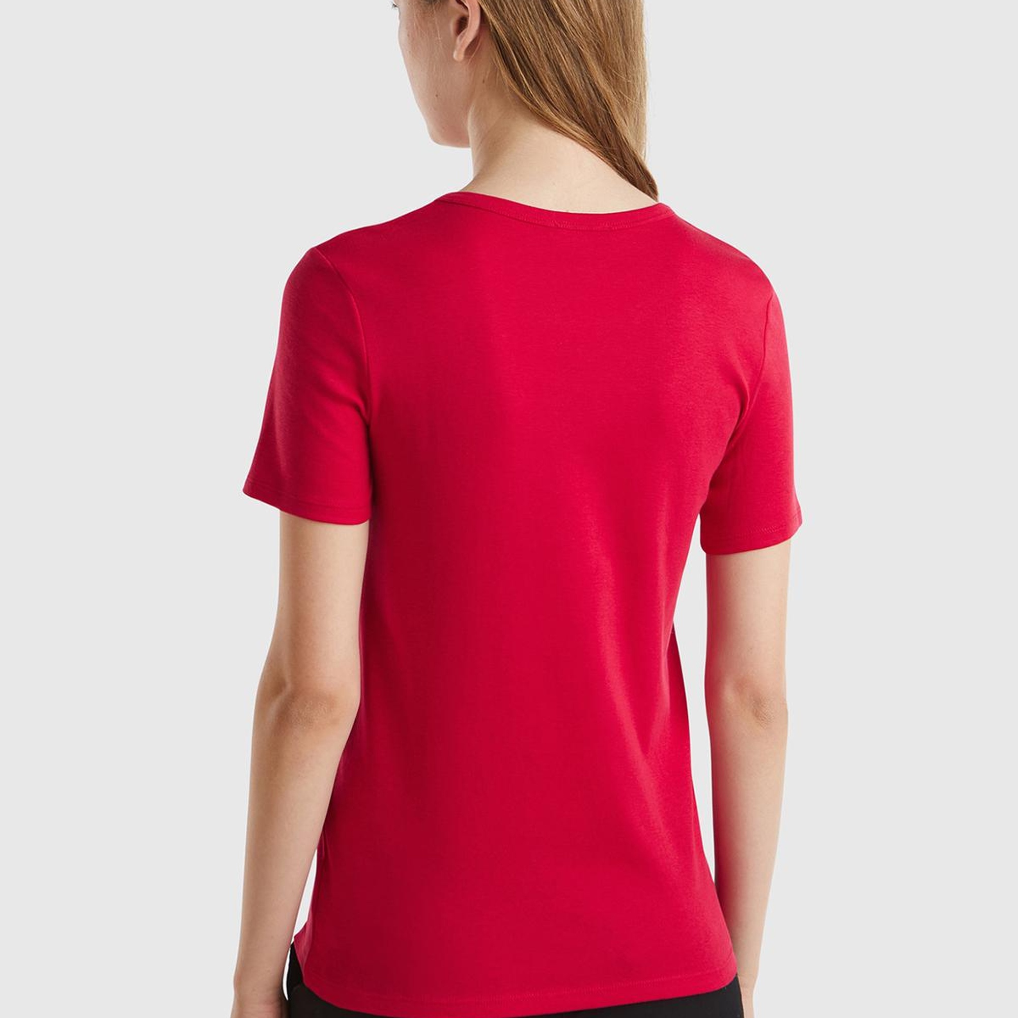 Kadın Kırmızı %100 Koton Benetton Yazılı Basic T-Shirt