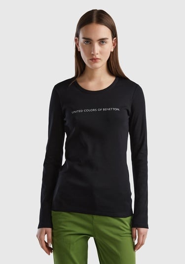  Kadın Siyah %100 Koton Bisiklet Yaka Benetton Yazılı Uzun Kollu T-Shirt