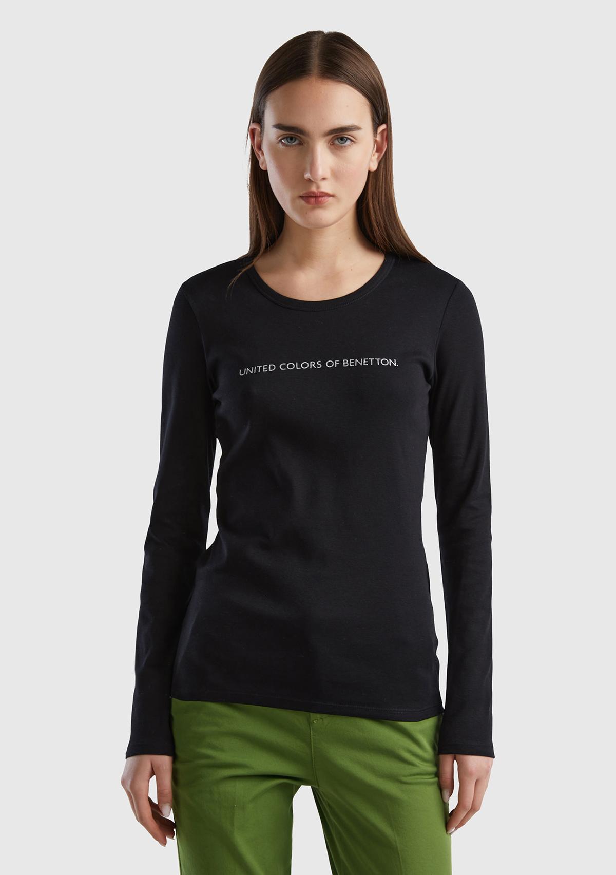  Kadın Siyah %100 Koton Bisiklet Yaka Benetton Yazılı Uzun Kollu T-Shirt