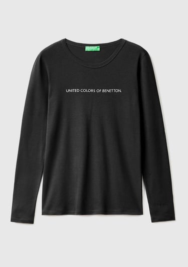  Kadın Siyah %100 Koton Bisiklet Yaka Benetton Yazılı Uzun Kollu T-Shirt