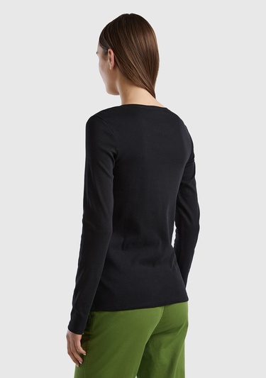  Kadın Siyah %100 Koton Bisiklet Yaka Benetton Yazılı Uzun Kollu T-Shirt