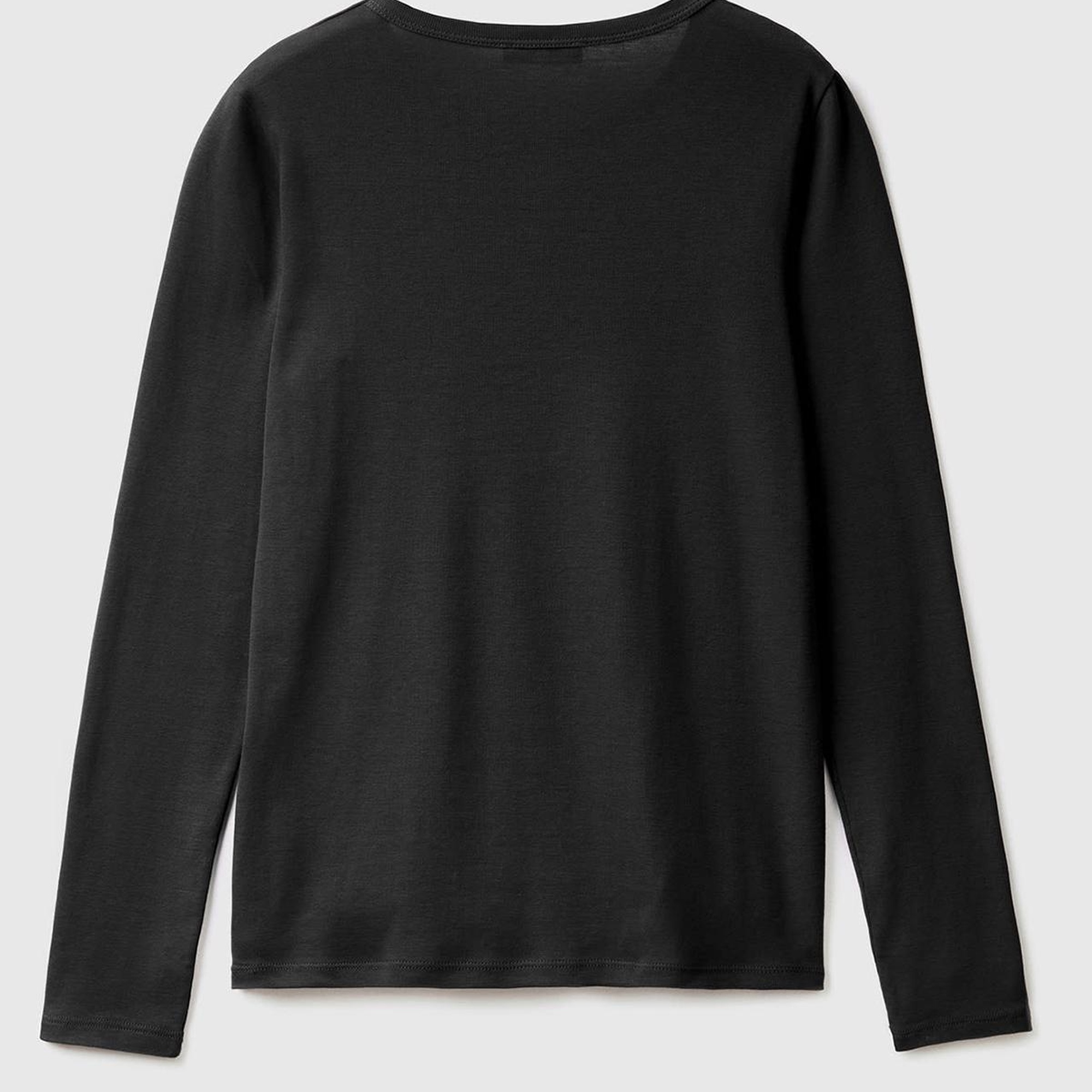 Kadın Siyah %100 Koton Bisiklet Yaka Benetton Yazılı Uzun Kollu T-Shirt