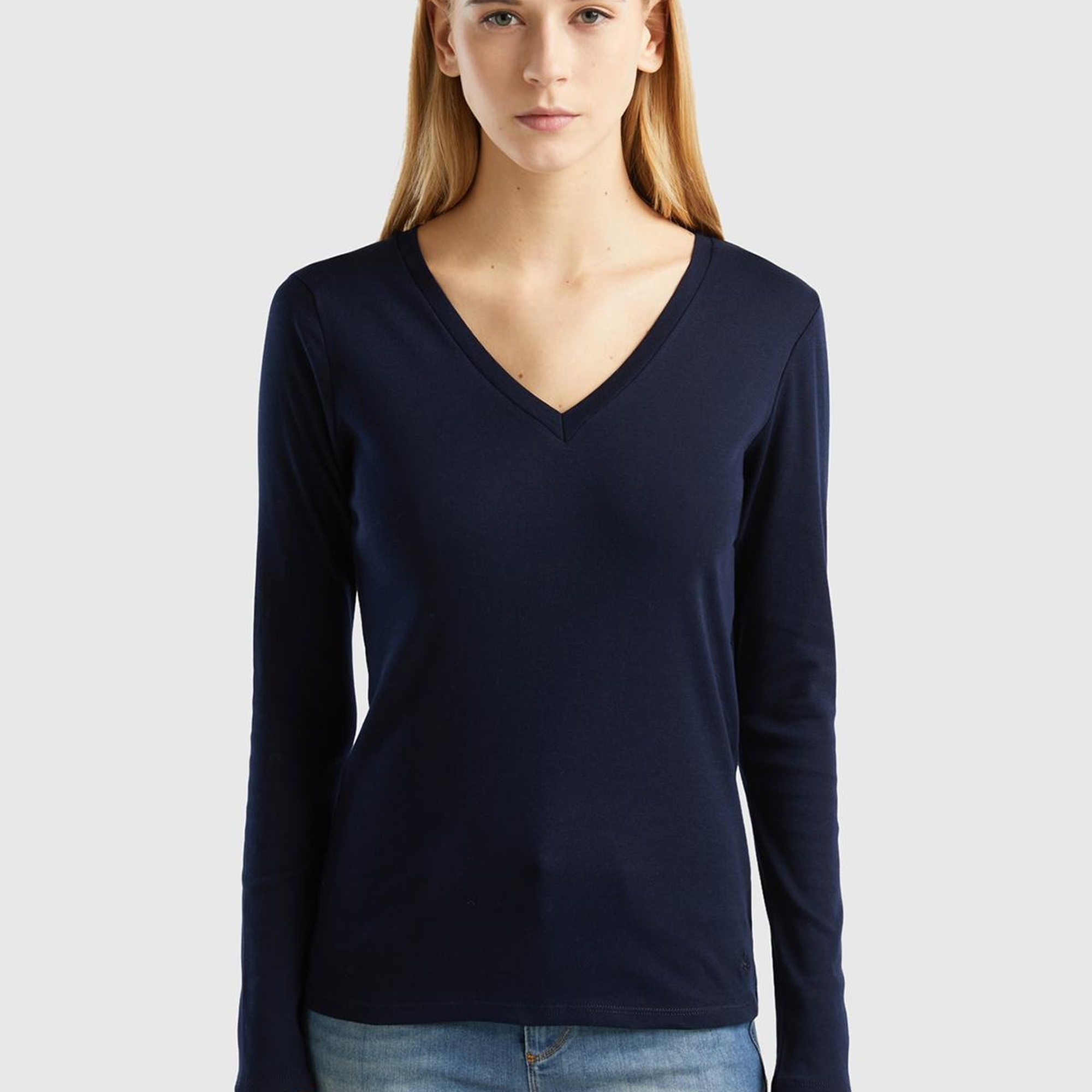 Kadın Lacivert Basic V Yaka Uzun Kollu T-Shirt