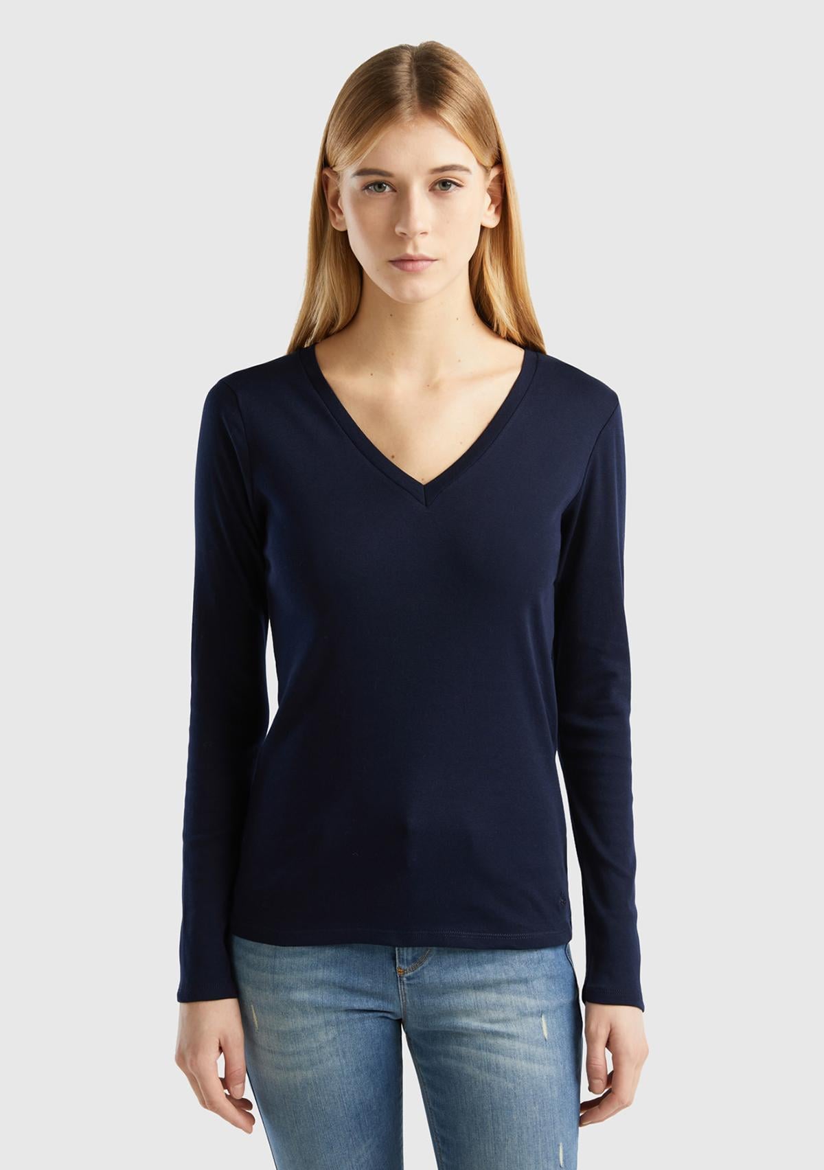  Kadın Lacivert Basic V Yaka Uzun Kollu T-Shirt