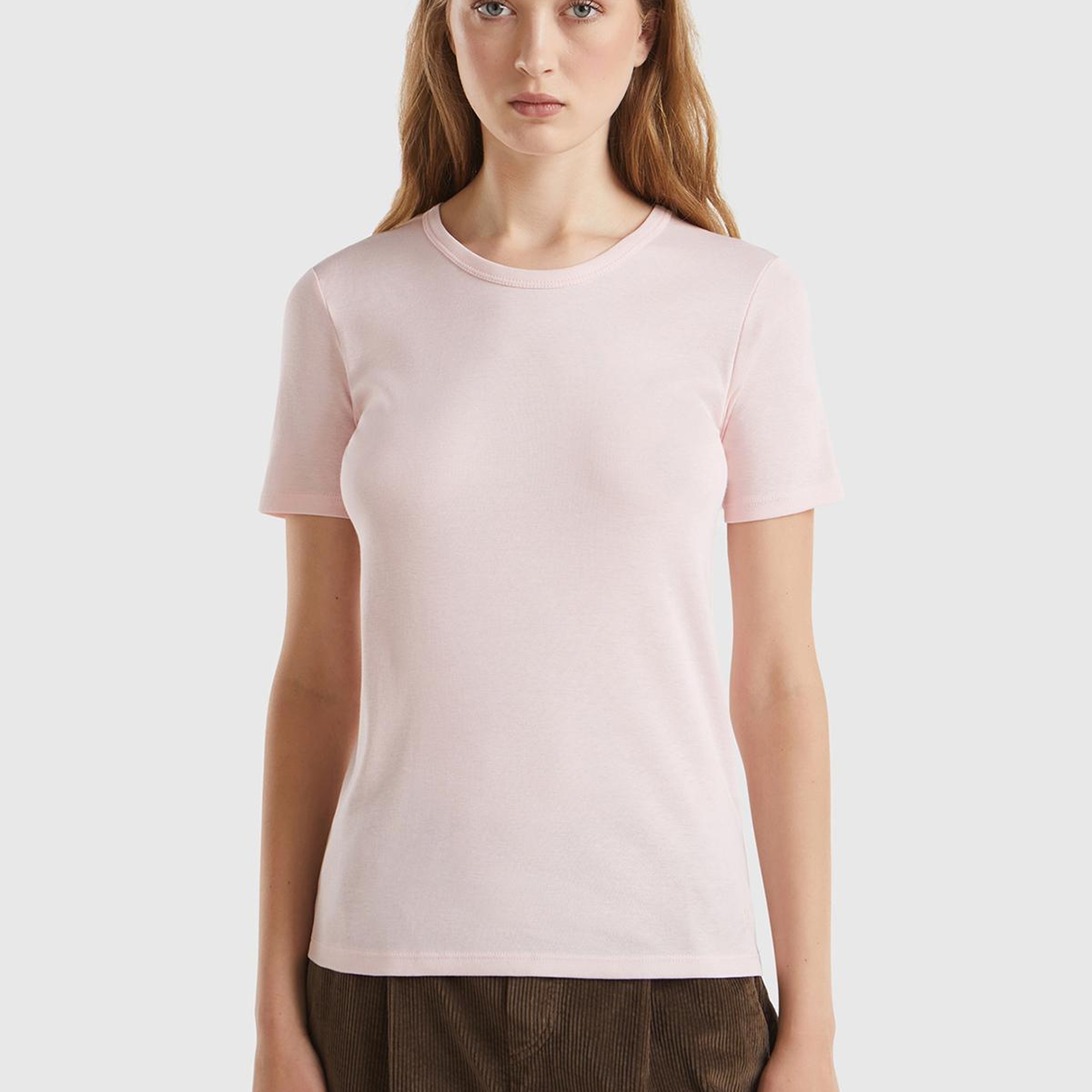 Kadın Toz Pembe %100 Koton Basic Kısa Kollu Bisiklet Yaka T-Shirt