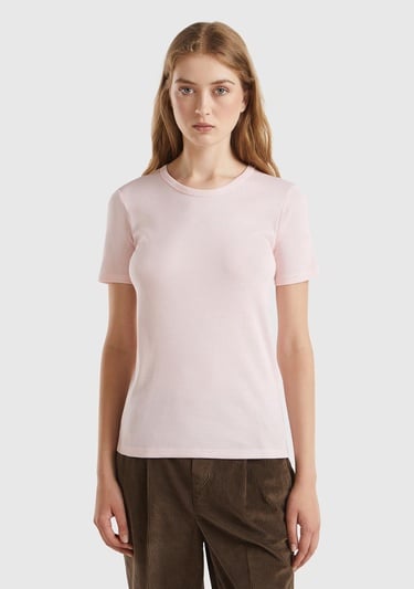  Kadın Toz Pembe %100 Koton Basic Kısa Kollu Bisiklet Yaka T-Shirt