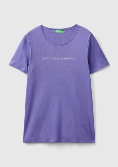  Kadın Mor %100 Koton Benetton Yazılı Basic T-Shirt