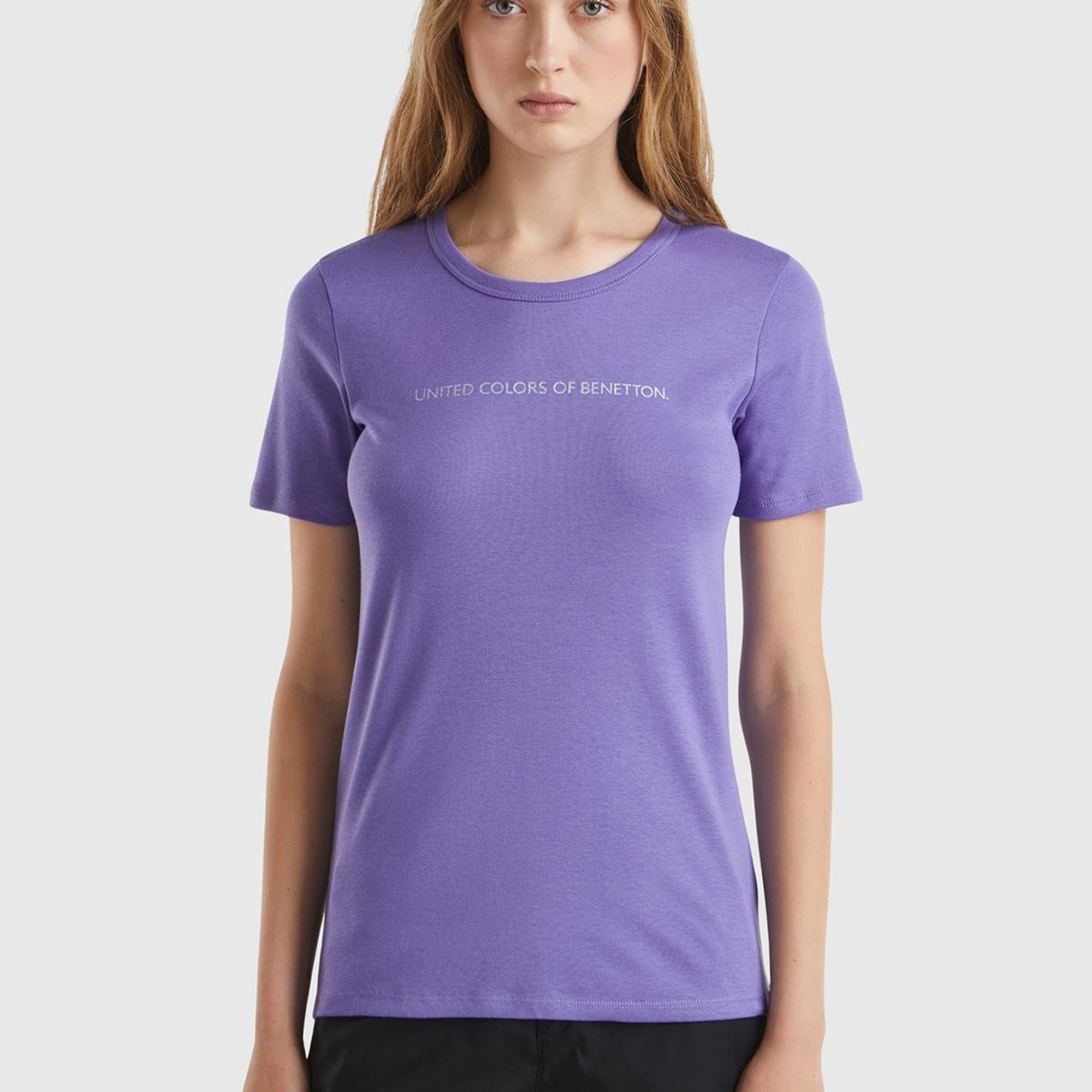 Kadın Mor %100 Koton Benetton Yazılı Basic T-Shirt