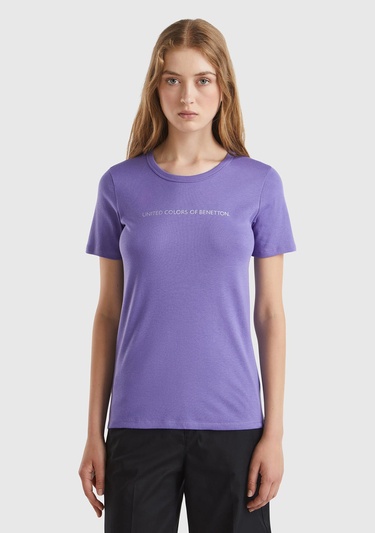  Kadın Mor %100 Koton Benetton Yazılı Basic T-Shirt