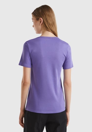  Kadın Mor %100 Koton Benetton Yazılı Basic T-Shirt