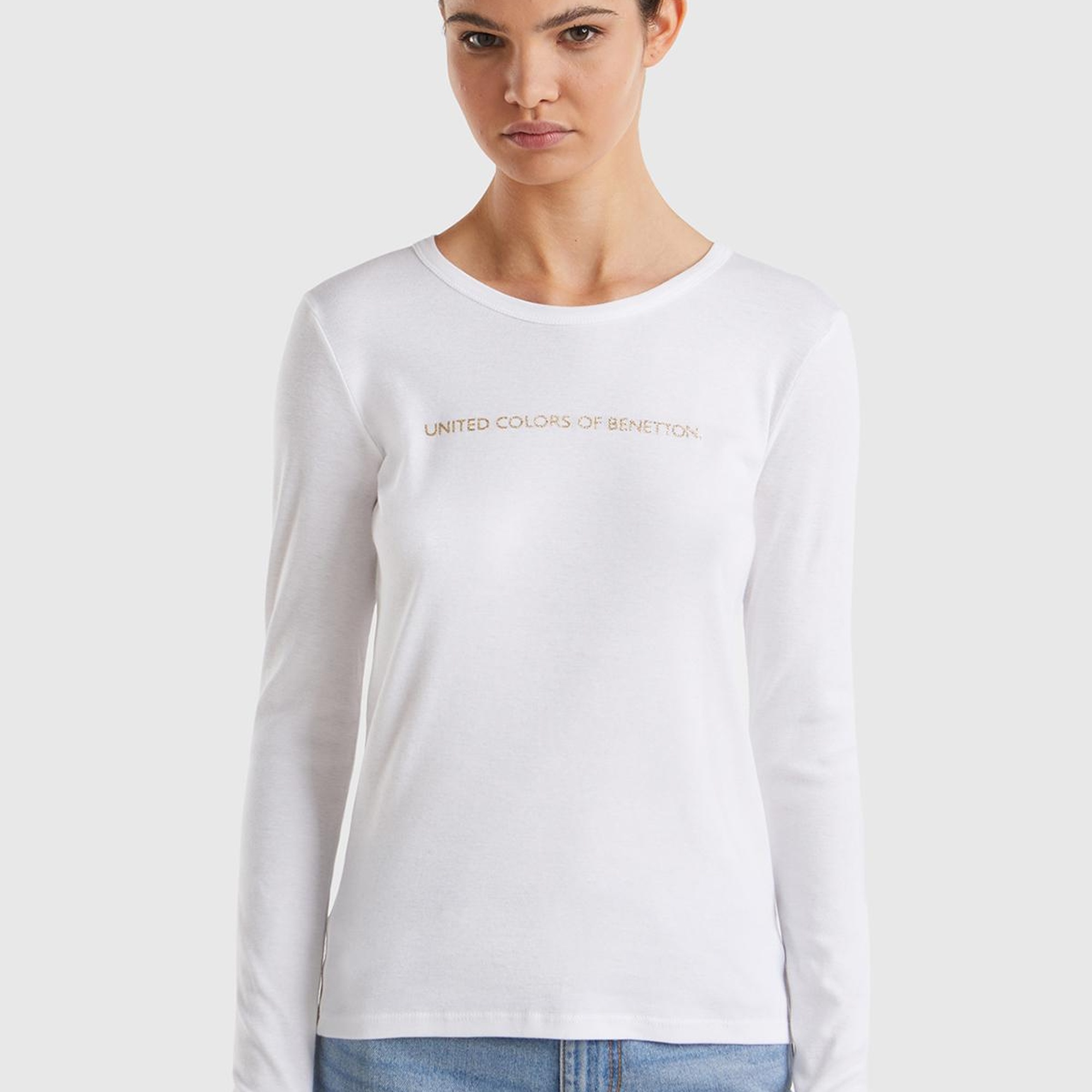 Kadın Beyaz %100 Koton Bisiklet Yaka Benetton Yazılı Uzun Kollu T-Shirt