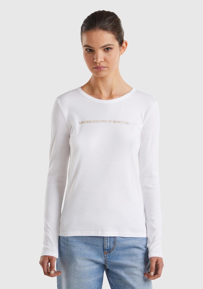  Kadın Beyaz %100 Koton Bisiklet Yaka Benetton Yazılı Uzun Kollu T-Shirt