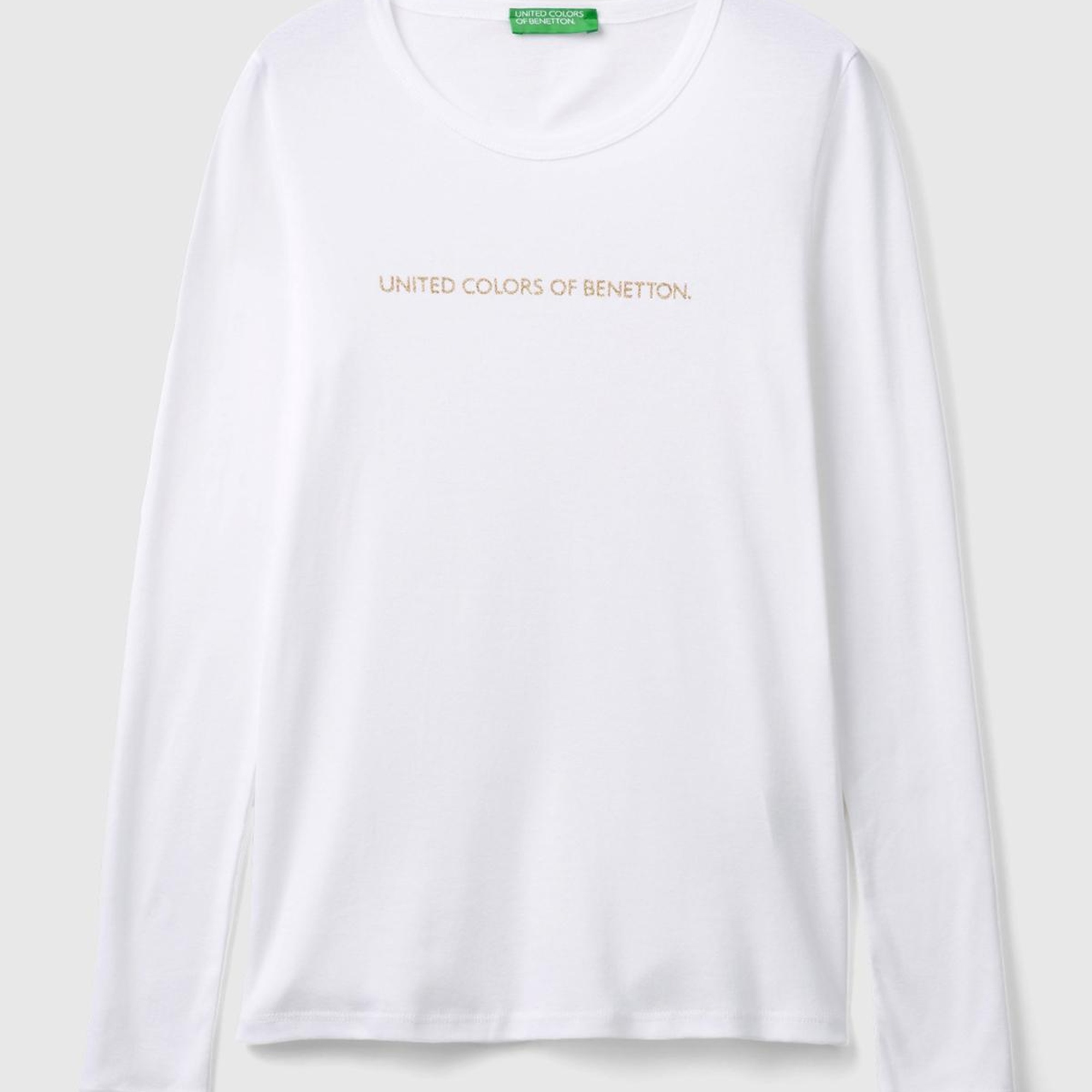 Kadın Beyaz %100 Koton Bisiklet Yaka Benetton Yazılı Uzun Kollu T-Shirt