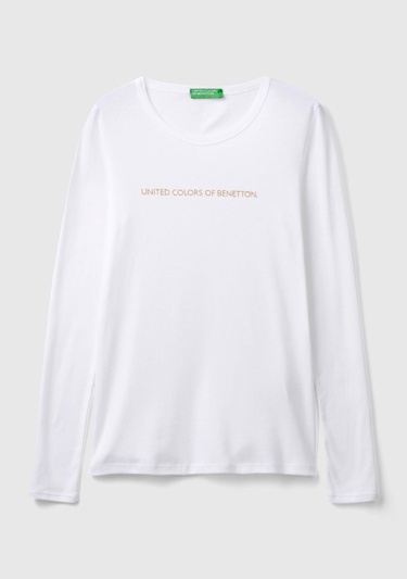  Kadın Beyaz %100 Koton Bisiklet Yaka Benetton Yazılı Uzun Kollu T-Shirt