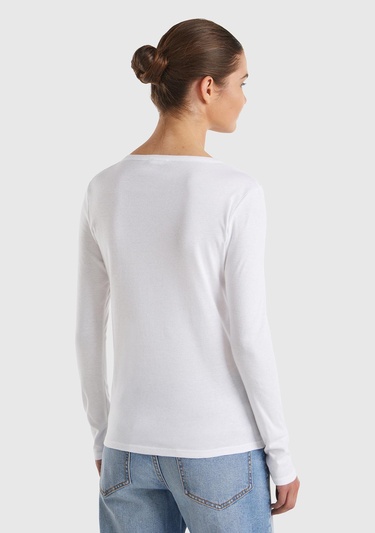  Kadın Beyaz %100 Koton Bisiklet Yaka Benetton Yazılı Uzun Kollu T-Shirt