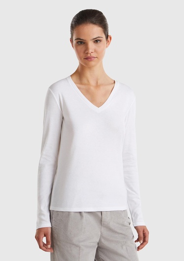 Kadın Beyaz Basic V Yaka Uzun Kollu T-Shirt
