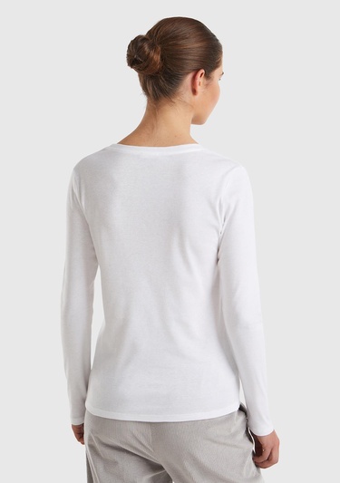  Kadın Beyaz Basic V Yaka Uzun Kollu T-Shirt