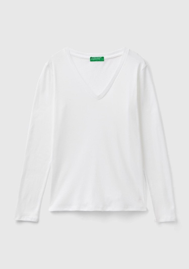  Kadın Beyaz Basic V Yaka Uzun Kollu T-Shirt