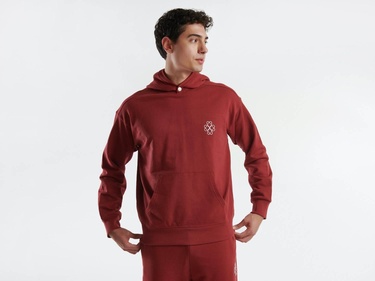  Erkek Bordo %100 Pamuk Göğsü Logolu Önü Cepli Kapüşonlu Sweatshirt