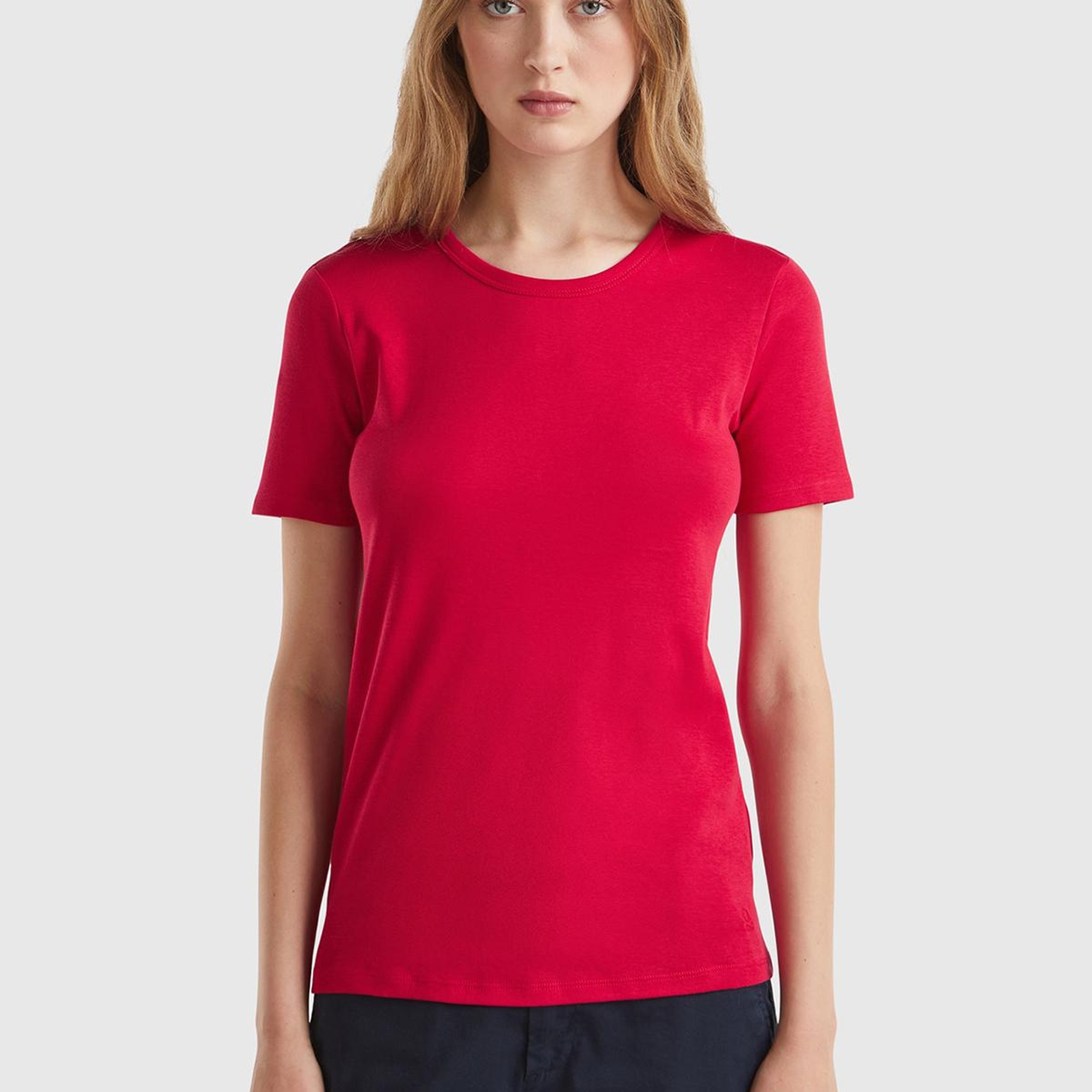 Kadın Kırmızı %100 Koton Basic Kısa Kollu Bisiklet Yaka T-Shirt