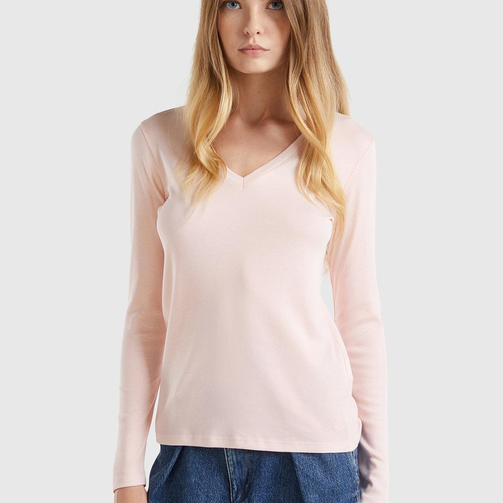 Kadın Toz Pembe Basic V Yaka Uzun Kollu T-Shirt