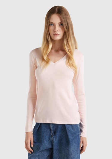  Kadın Toz Pembe Basic V Yaka Uzun Kollu T-Shirt