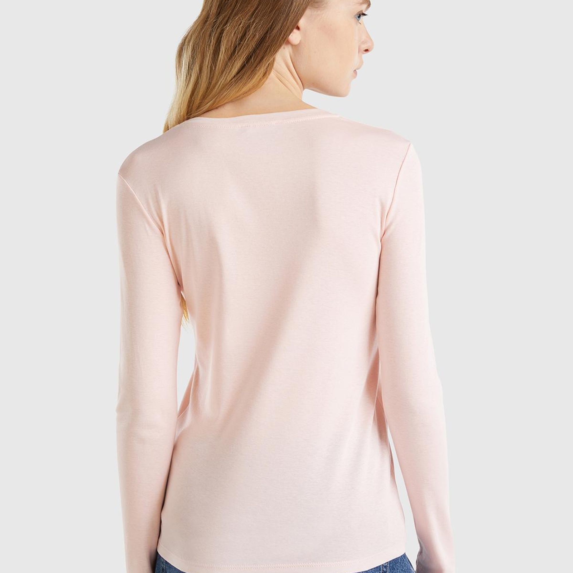 Kadın Toz Pembe Basic V Yaka Uzun Kollu T-Shirt