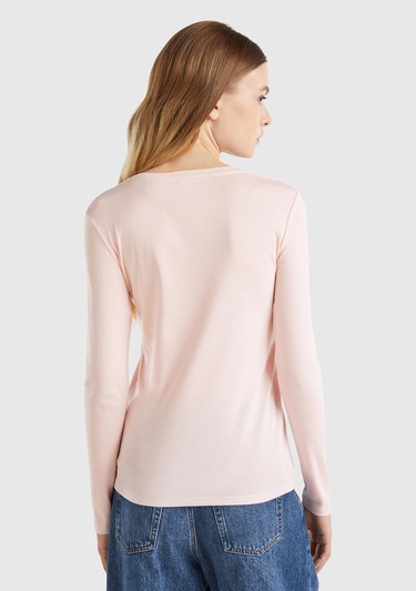  Kadın Toz Pembe Basic V Yaka Uzun Kollu T-Shirt